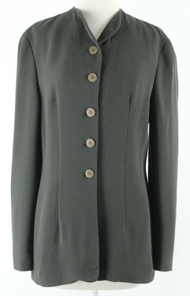 Giorgio Armani Sz 40 Black Green Buttoned Gathered Back Wool Blend Lined Jacket