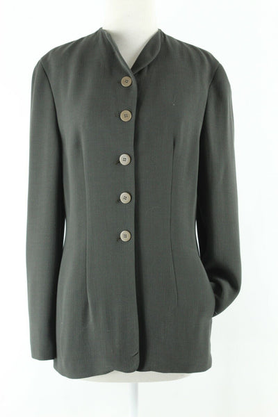 Giorgio Armani Sz 40 Black Green Buttoned Gathered Back Wool Blend Lined Jacket