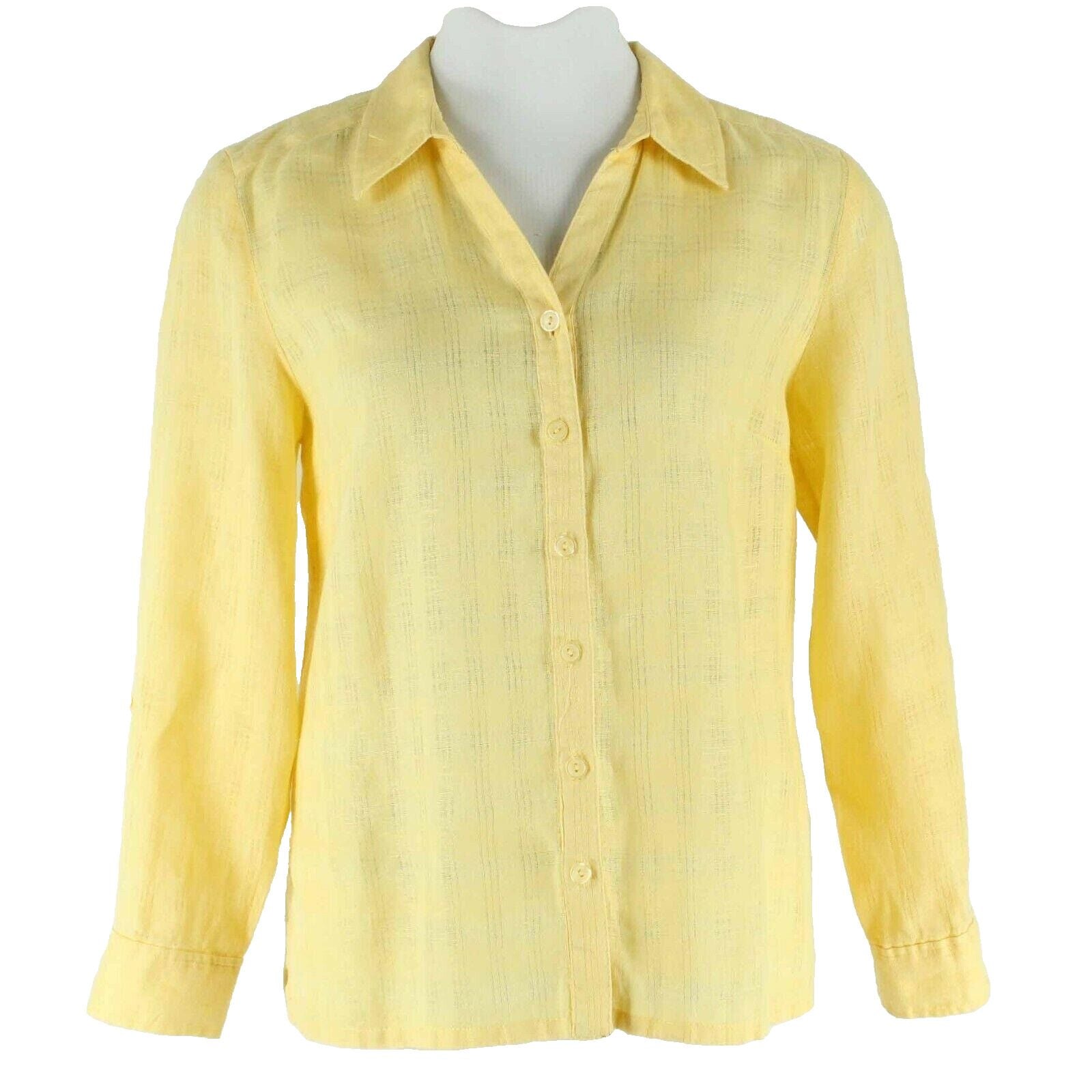 JM Collection Sz 14 Yellow Button Front Tab Sleeve Open Weave Linen Top