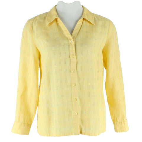 JM Collection Sz 14 Yellow Button Front Tab Sleeve Open Weave Linen Top