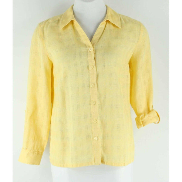 JM Collection Sz 14 Yellow Button Front Tab Sleeve Open Weave Linen Top