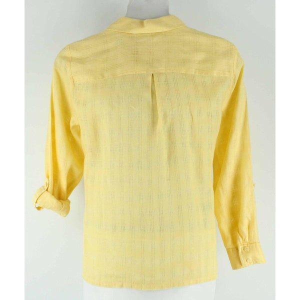 JM Collection Sz 14 Yellow Button Front Tab Sleeve Open Weave Linen Top