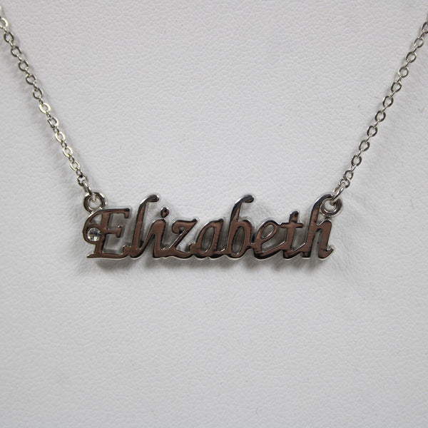 ELIZABETH NEW Name Silvertone Rhinestone 14.5" w 4.5" Multi Ring Ext Necklace