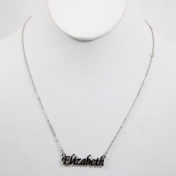 ELIZABETH NEW Name Silvertone Rhinestone 14.5" w 4.5" Multi Ring Ext Necklace