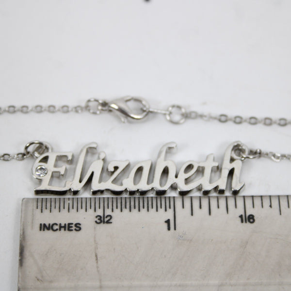 ELIZABETH NEW Name Silvertone Rhinestone 14.5" w 4.5" Multi Ring Ext Necklace