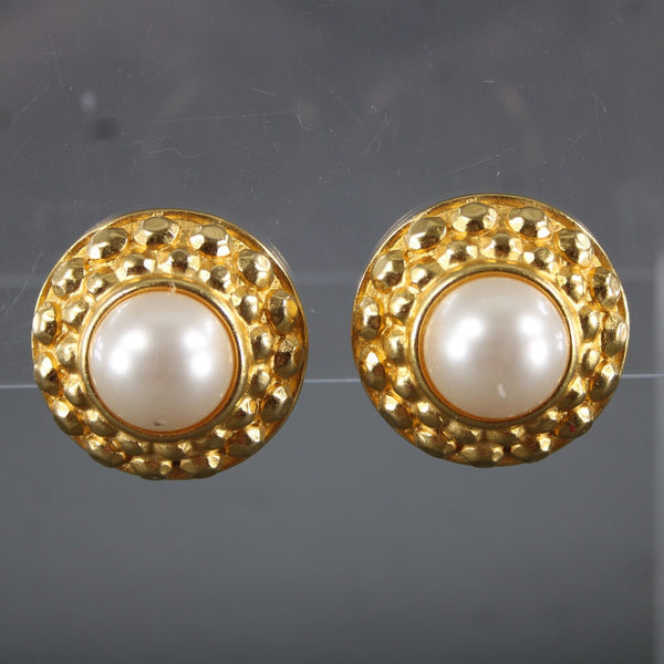 Ben Amun Matte Goldtone Faux Pearl 1.5" Clip On AS IS Earrings