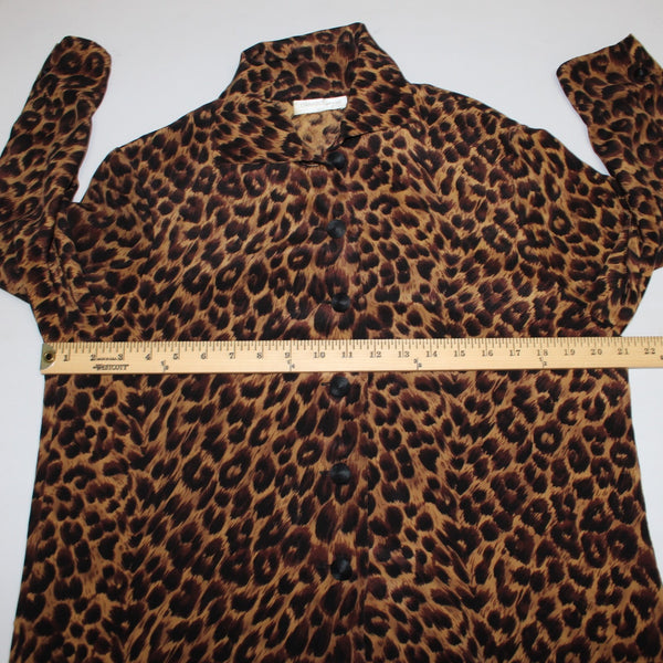 Dana Buchman Top Sz 6 Brown Tan Animal Print Collared Buttons 100% Silk Top