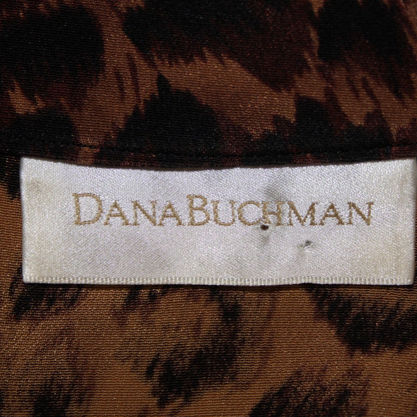 Dana Buchman Top Sz 6 Brown Tan Animal Print Collared Buttons 100% Silk Top