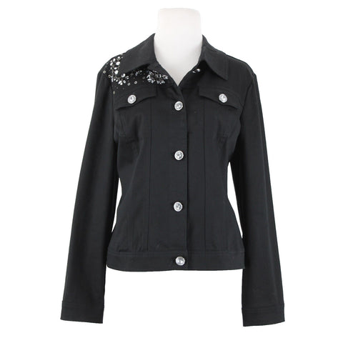Jack B Quick Sz M Black Silver Rhinestones Beaded Sequin Collared Cotton Jacket