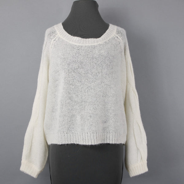 Rosie Neira Sz XS Ivory Knit Cable 3/4 Sleeve Oversize Acrylic Blend Sweater