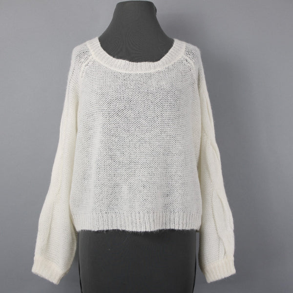Rosie Neira Sz XS Ivory Knit Cable 3/4 Sleeve Oversize Acrylic Blend Sweater