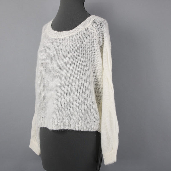 Rosie Neira Sz XS Ivory Knit Cable 3/4 Sleeve Oversize Acrylic Blend Sweater