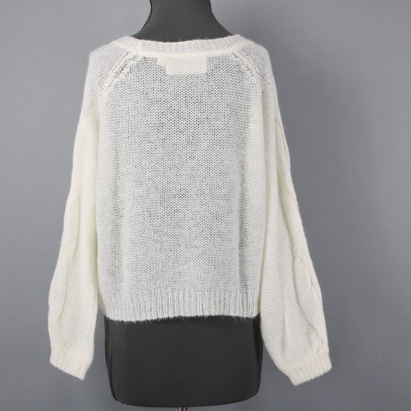 Rosie Neira Sz XS Ivory Knit Cable 3/4 Sleeve Oversize Acrylic Blend Sweater