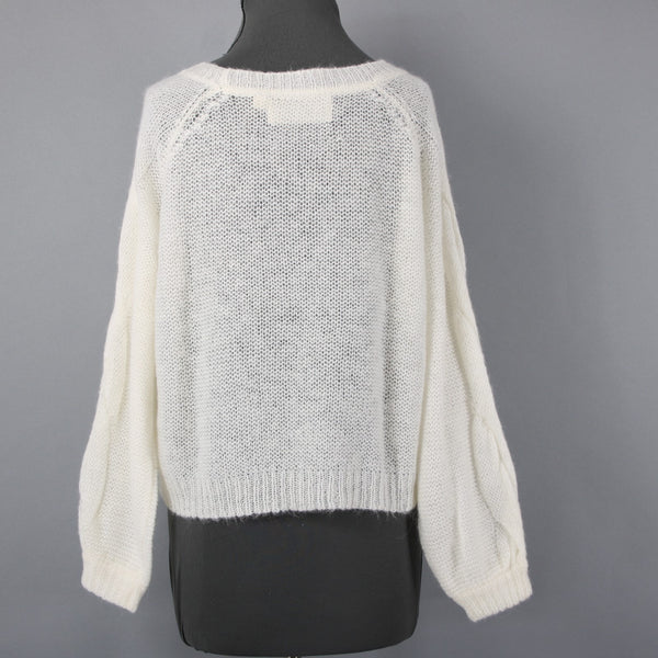 Rosie Neira Sz XS Ivory Knit Cable 3/4 Sleeve Oversize Acrylic Blend Sweater
