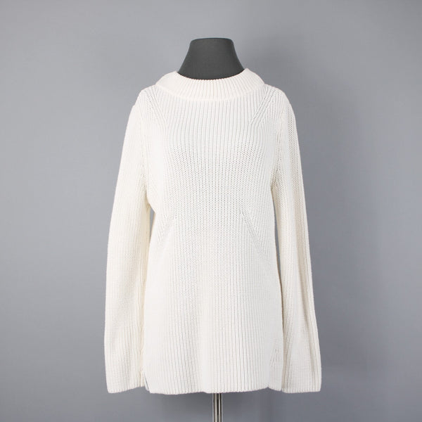 Talbots Sz L Cream Ivory Heavy Textured 100% Cotton Knit Mock Turtleneck Sweater