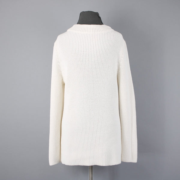 Talbots Sz L Cream Ivory Heavy Textured 100% Cotton Knit Mock Turtleneck Sweater