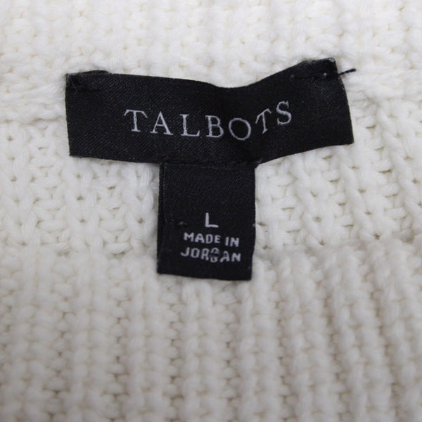 Talbots Sz L Cream Ivory Heavy Textured 100% Cotton Knit Mock Turtleneck Sweater