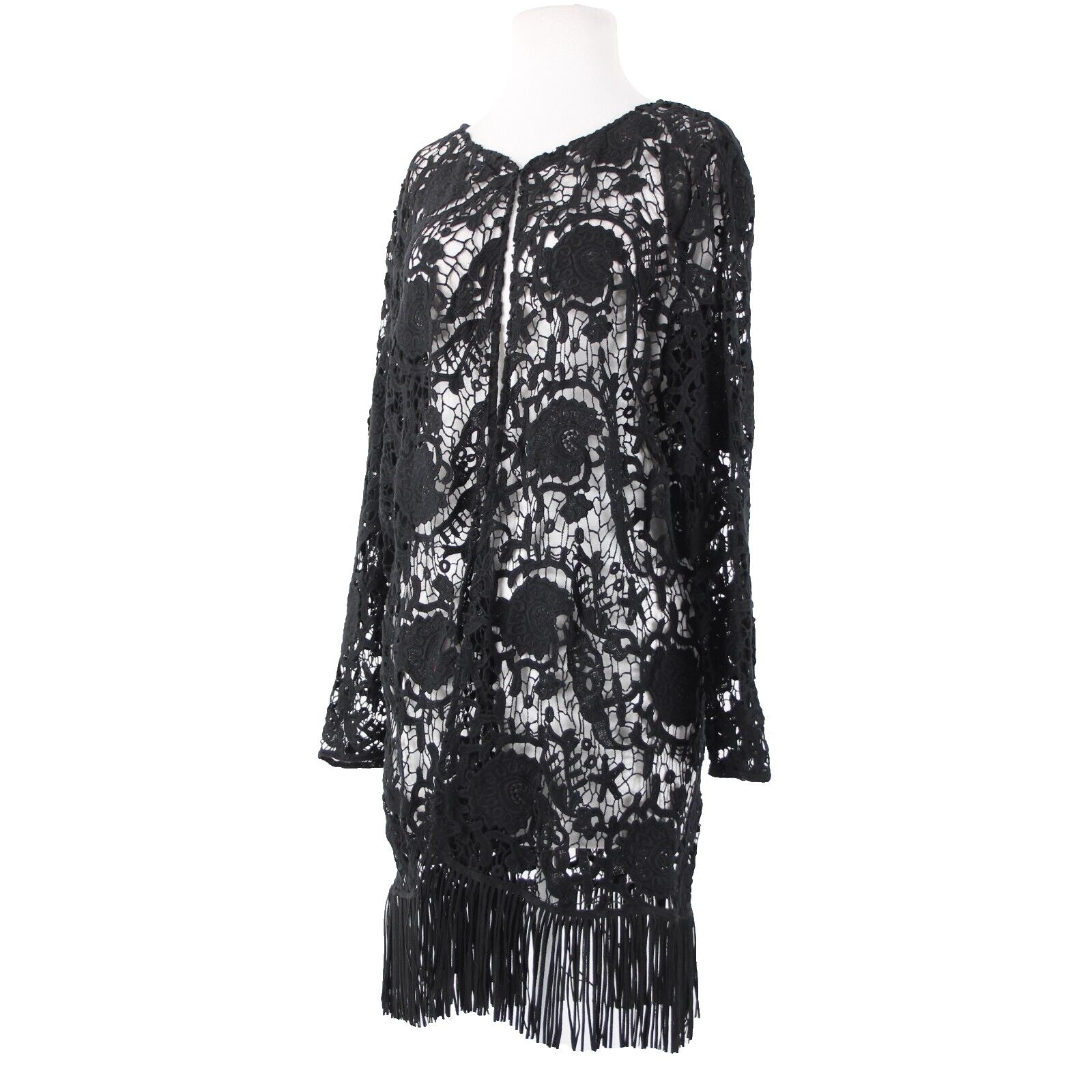 Alberto Makali NEW $166 Sz XL Black Open Knit Fringe Hook Eye 100% Cotton Wrap