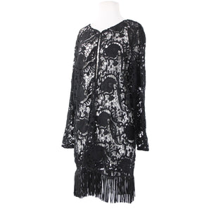 Alberto Makali NEW $166 Sz XL Black Open Knit Fringe Hook Eye 100% Cotton Wrap