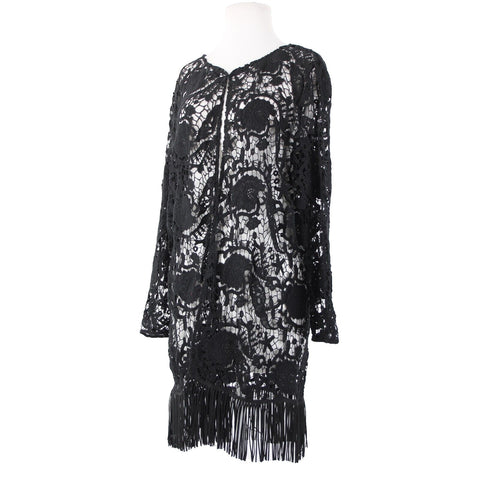 Alberto Makali NEW $166 Sz XL Black Open Knit Fringe Hook Eye 100% Cotton Wrap