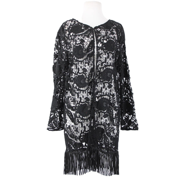 Alberto Makali NEW $166 Sz XL Black Open Knit Fringe Hook Eye 100% Cotton Wrap