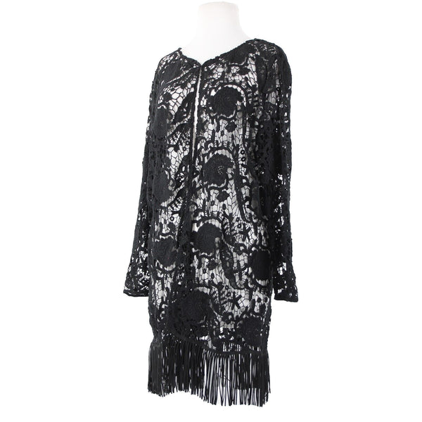 Alberto Makali NEW $166 Sz XL Black Open Knit Fringe Hook Eye 100% Cotton Wrap