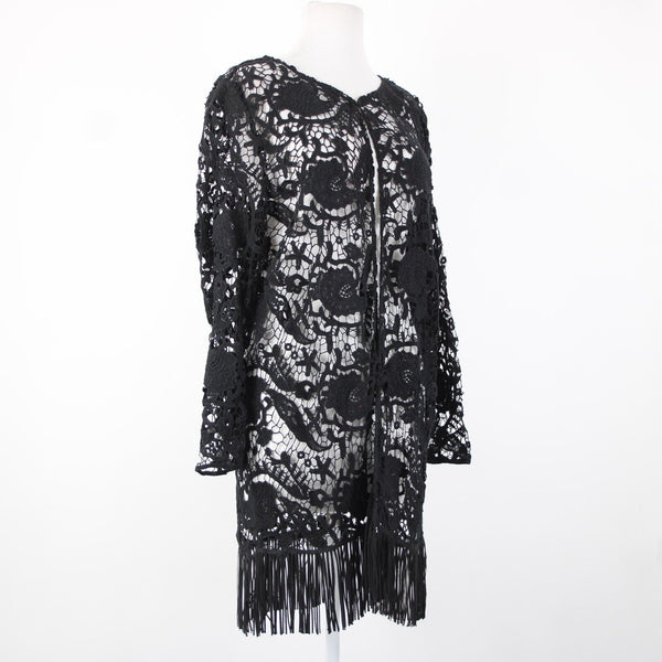 Alberto Makali NEW $166 Sz XL Black Open Knit Fringe Hook Eye 100% Cotton Wrap