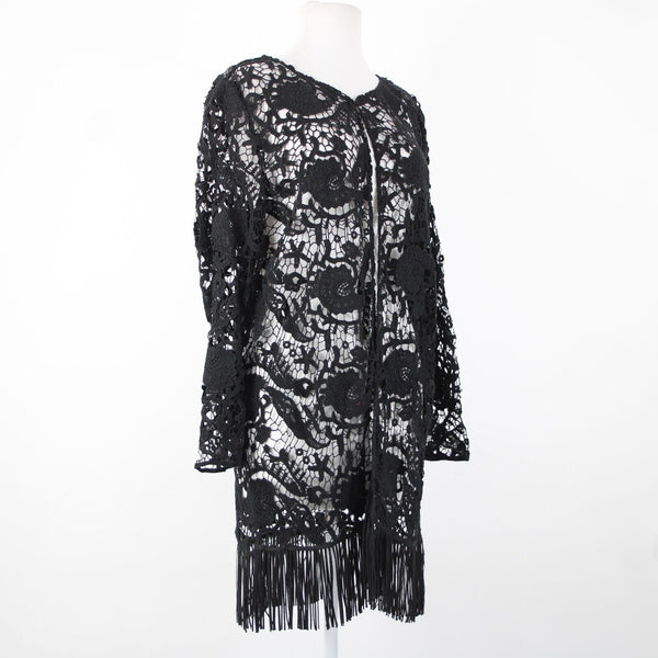Alberto Makali NEW $166 Sz XL Black Open Knit Fringe Hook Eye 100% Cotton Wrap
