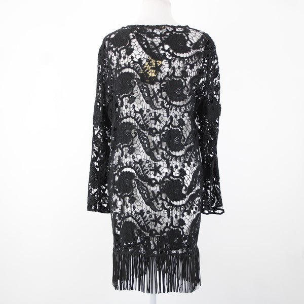 Alberto Makali NEW $166 Sz XL Black Open Knit Fringe Hook Eye 100% Cotton Wrap