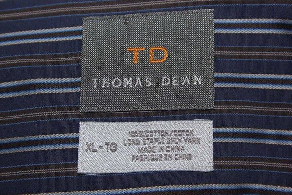 Thomas Dean Sz XL Navy Brown Multi Stripe Button Down Men's Shirt
