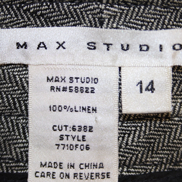 Max Studio Pant NEW $118 Sz 14 x 34 Black White Button Front 100% Linen Pant