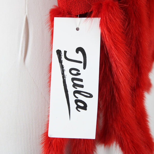Toula NEW Sz 8 Red 68 x 8 + 8 Fur Tails Multi Ways To Wear Knit Scarf