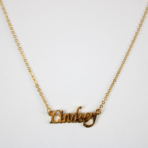 LINDSEY NEW Name Goldtone Rhinestone Accent 14.5" w 4.5" Multi Ring Ext Necklace