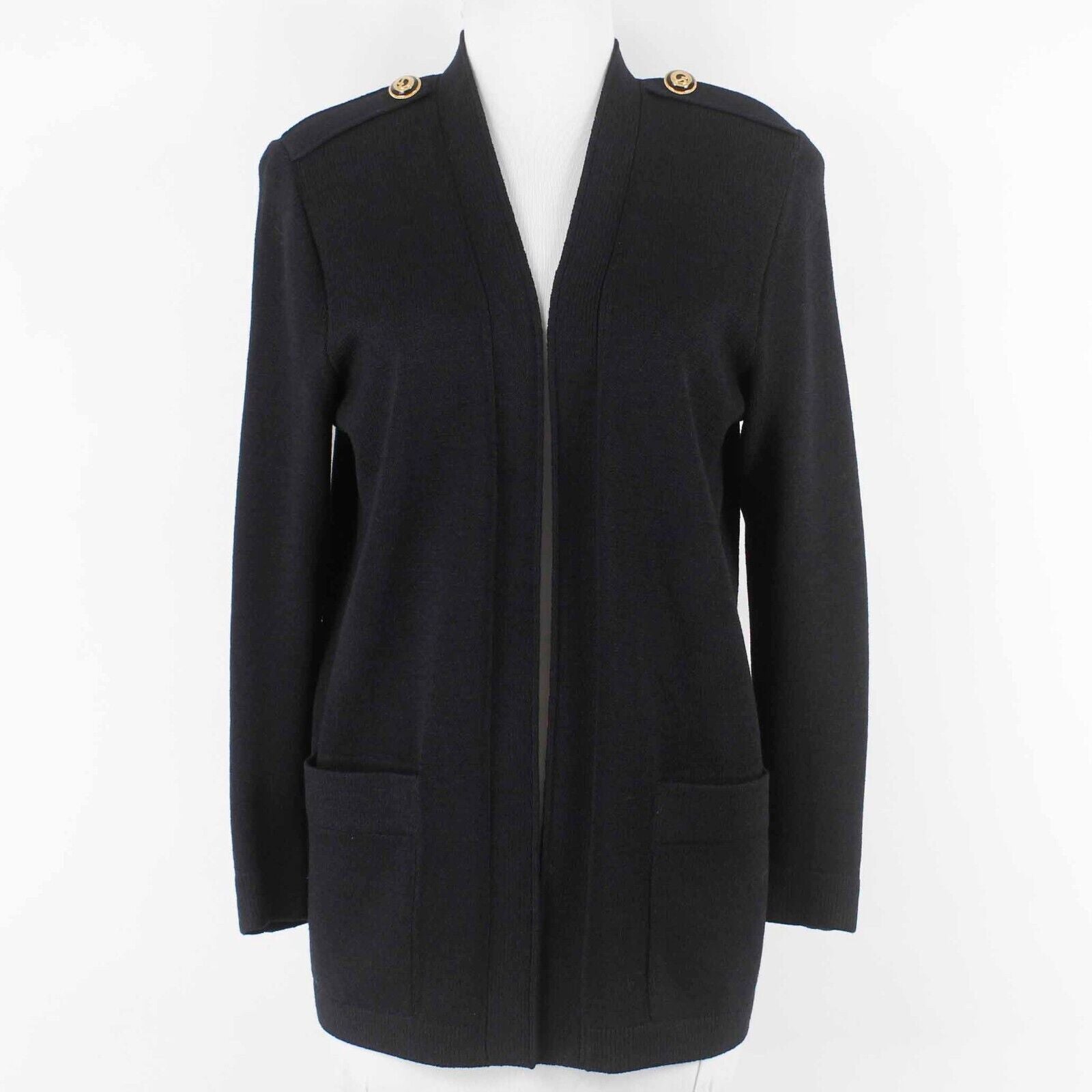 St John Sz P Black Open Front Pockets Epaulets Santana Knit Cardigan