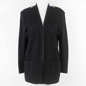 St John Sz P Black Open Front Pockets Epaulets Santana Knit Cardigan