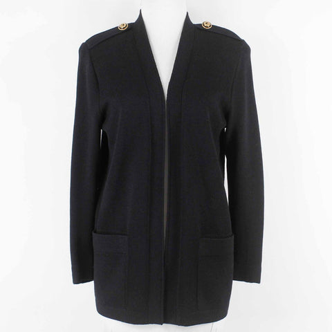 St John Sz P Black Open Front Pockets Epaulets Santana Knit Cardigan