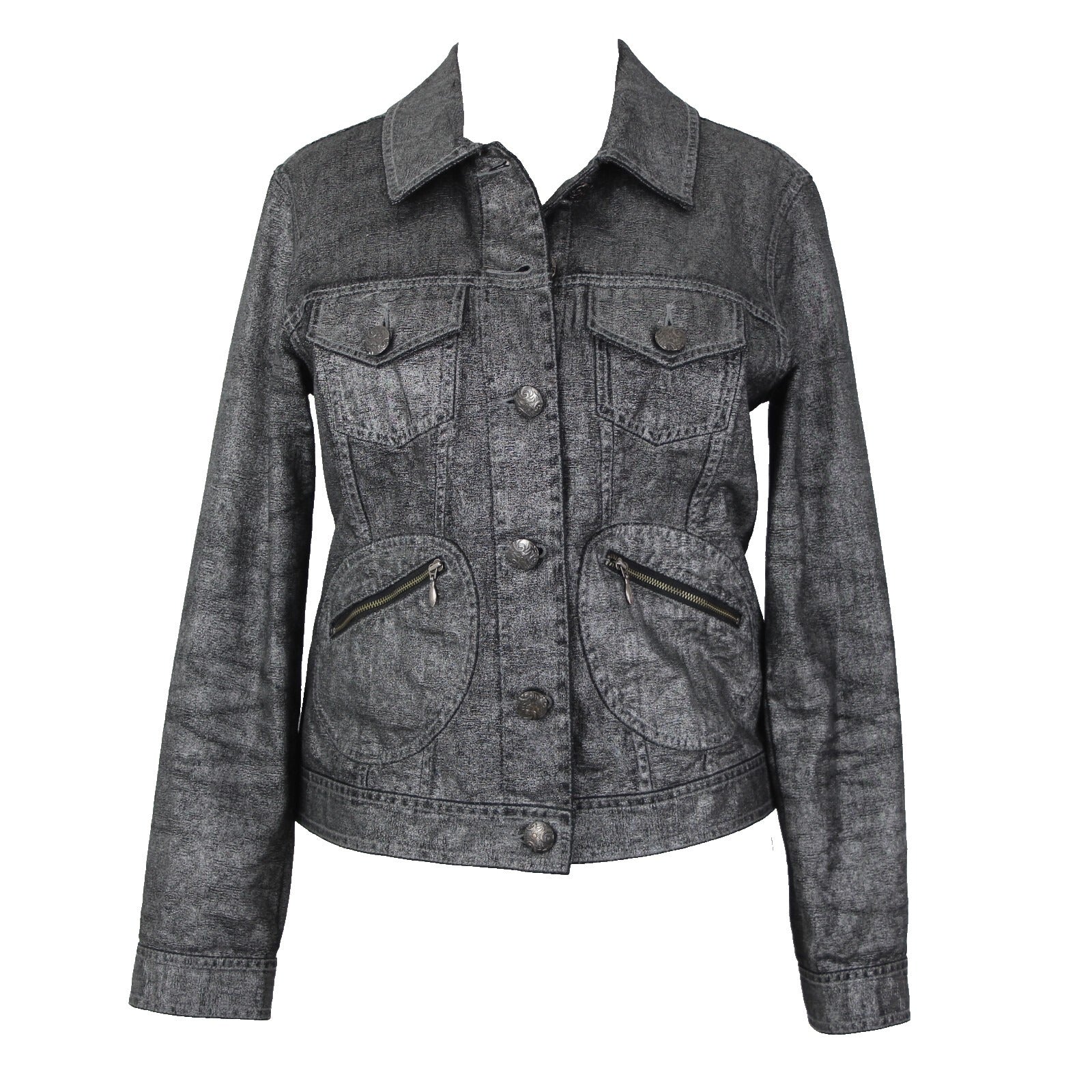 Chicos Sz 0 Silver Black Collared Buttons Pockets Long Sleeve 100% Cotton Jacket