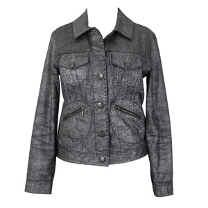Chicos Sz 0 Silver Black Collared Buttons Pockets Long Sleeve 100% Cotton Jacket