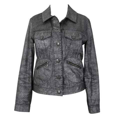 Chicos Sz 0 Silver Black Collared Buttons Pockets Long Sleeve 100% Cotton Jacket