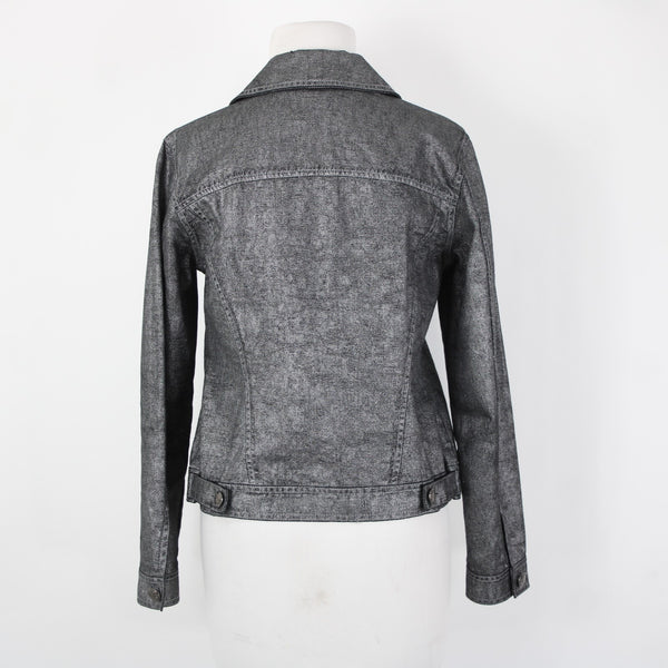 Chicos Sz 0 Silver Black Collared Buttons Pockets Long Sleeve 100% Cotton Jacket