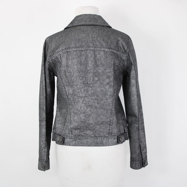 Chicos Sz 0 Silver Black Collared Buttons Pockets Long Sleeve 100% Cotton Jacket