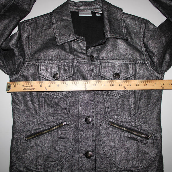 Chicos Sz 0 Silver Black Collared Buttons Pockets Long Sleeve 100% Cotton Jacket