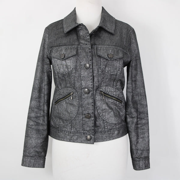 Chicos Sz 0 Silver Black Collared Buttons Pockets Long Sleeve 100% Cotton Jacket