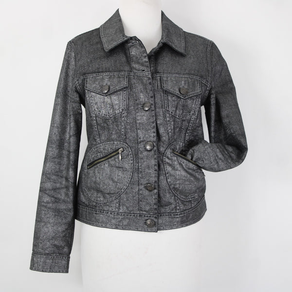 Chicos Sz 0 Silver Black Collared Buttons Pockets Long Sleeve 100% Cotton Jacket