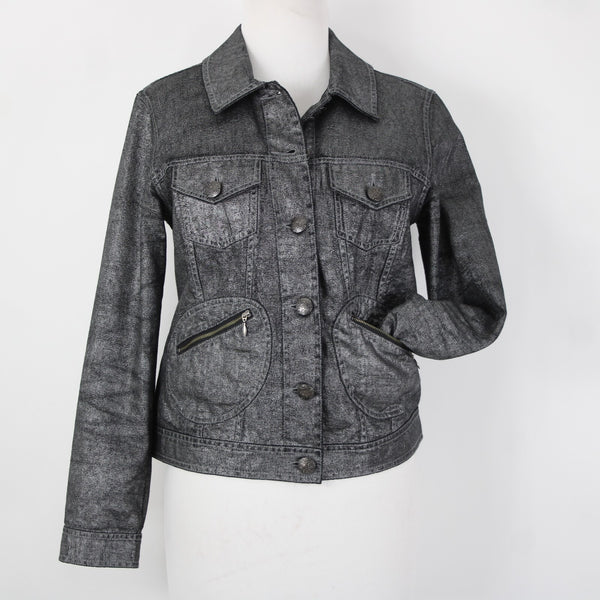 Chicos Sz 0 Silver Black Collared Buttons Pockets Long Sleeve 100% Cotton Jacket