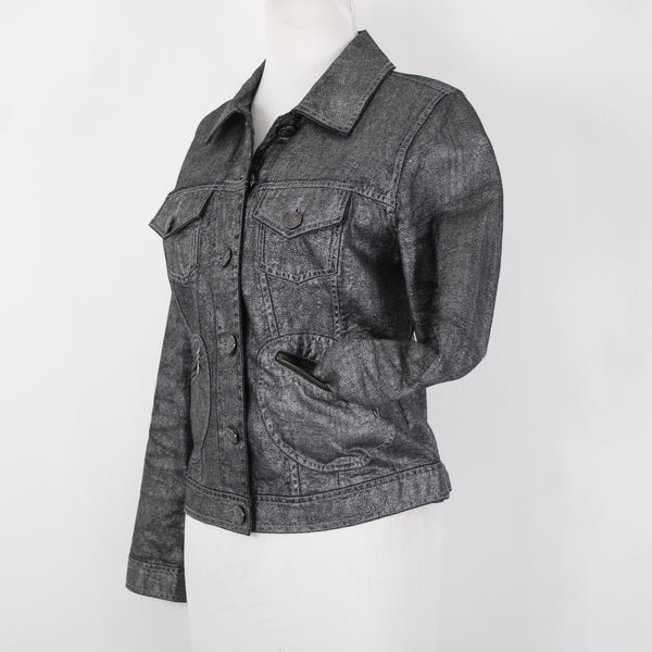 Chicos Sz 0 Silver Black Collared Buttons Pockets Long Sleeve 100% Cotton Jacket