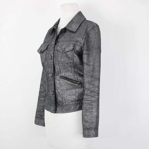 Chicos Sz 0 Silver Black Collared Buttons Pockets Long Sleeve 100% Cotton Jacket