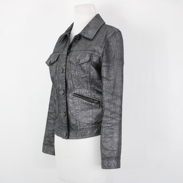 Chicos Sz 0 Silver Black Collared Buttons Pockets Long Sleeve 100% Cotton Jacket