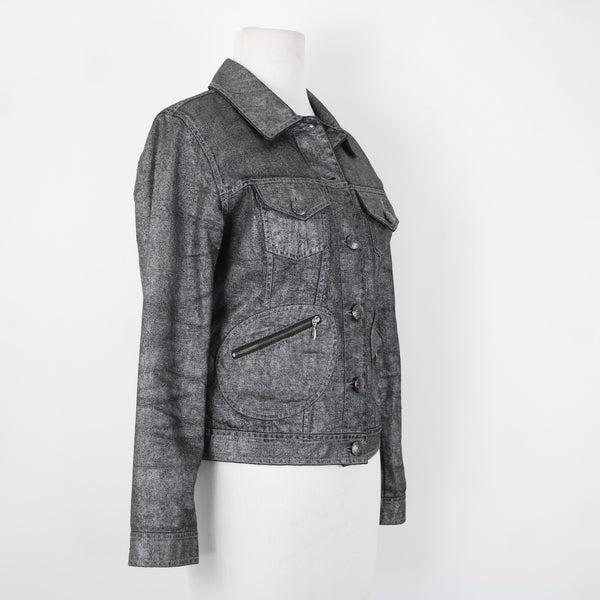 Chicos Sz 0 Silver Black Collared Buttons Pockets Long Sleeve 100% Cotton Jacket