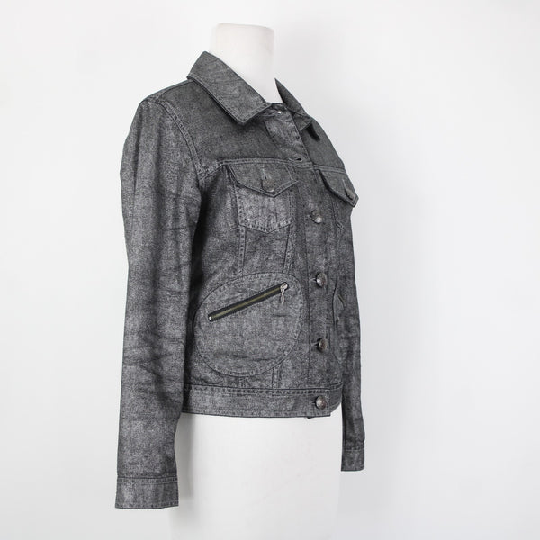 Chicos Sz 0 Silver Black Collared Buttons Pockets Long Sleeve 100% Cotton Jacket